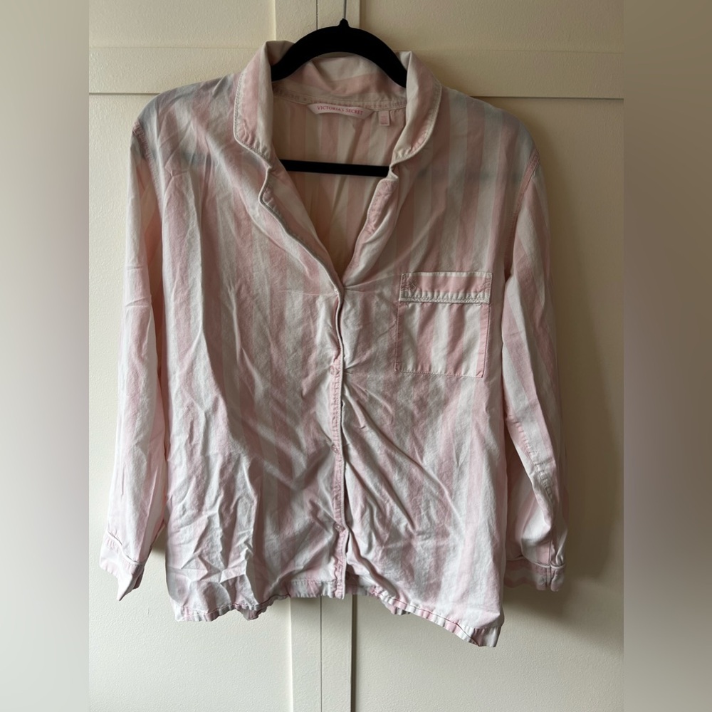 Victoria’s Secret Women’s Pink White Stripe Button Down Collar Pajama Top Size M